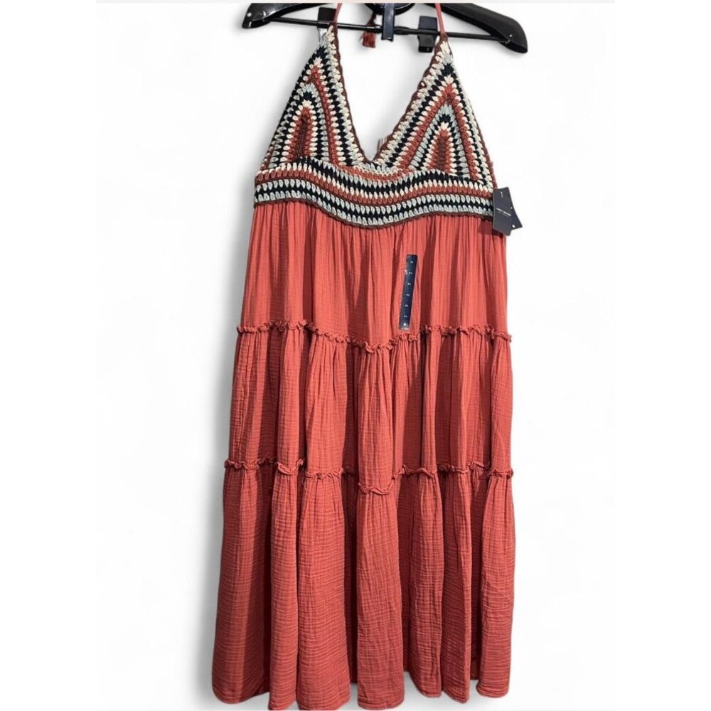 LUCKY BRAND BOHO BURNT ORANGE MIDI DRESS CROCHET BODICE SZ XL - Picture 2 of 4